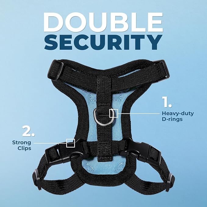 Voyager Step-in Lock Adjustable Cat Harness w. Cat Leash Combo Set with Neoprene Handle 5ft - Supports Small, Medium and Large Breed Cats by Best Pet Supplies - Baby Blue/Black Trim, XXS