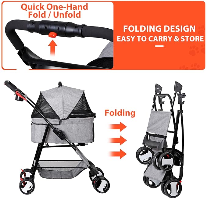 4 Wheels Dog Stroller Folding Pet Strolling Cart for Small Medium Cats Puppies with Storage Basket Cup Holder Detachable Carrier, Gray