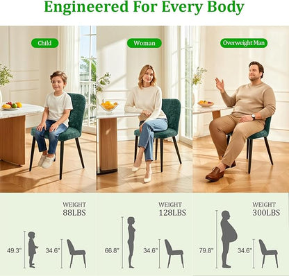 Upholstered Dining Chairs Set of 6, Mid Century Modern Fabric Dining Room Chair High-Back Padded Kitchen Chairs with Padded Seat and Metal Legs for Kitchen Dining Room Restaurant Cafe, Green