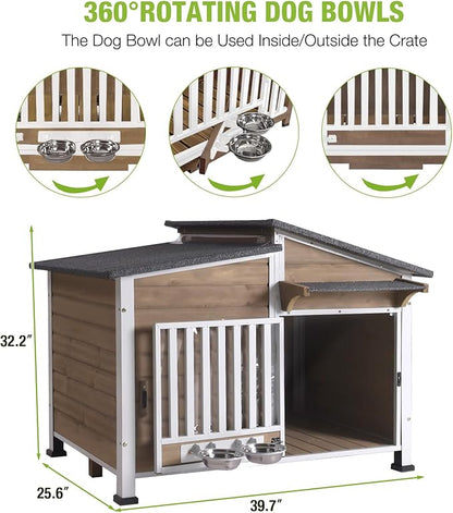 Dog House Outdoor for Large Breed with Anti-Chewing Iron Frame, Weatherproof Puppy Kennel with 360° Rotating Bowls, Dog Crate for Small & Medium Dogs Outside (Light Brown)