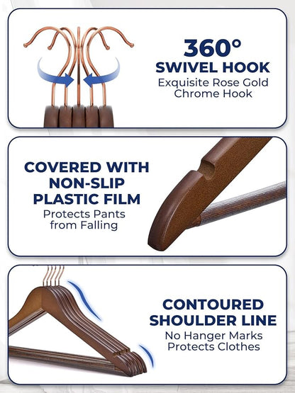 Smartor Wooden Hangers 10 Pack, Solid Wood Coat Hanger for Closet, Heavy Duty Wood Hangers for Suits, Shirts, Dresses, with 360° Rose Gold Hook, Non Slip Pant Bar, Walnut