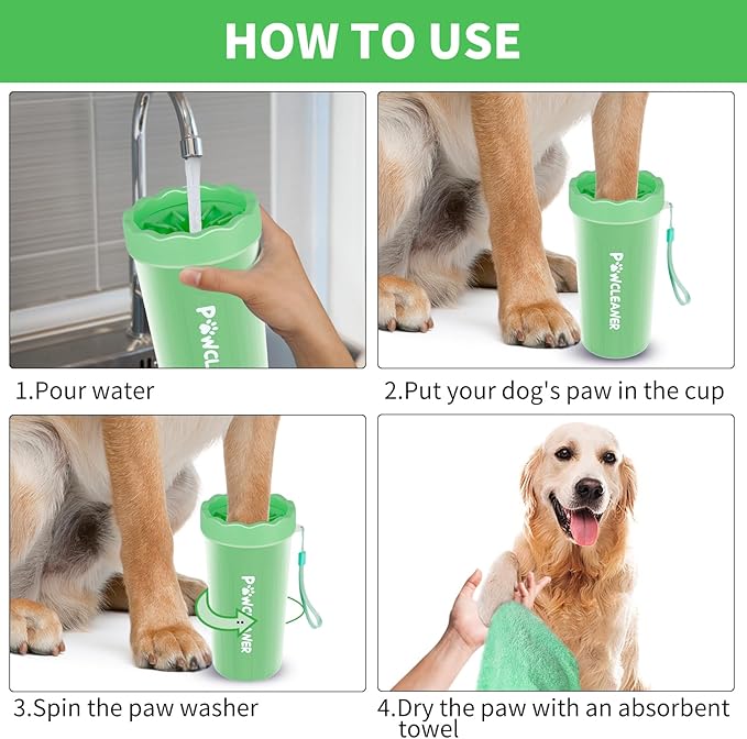 Professional 7 in 1 Dog Paw Cleaner for Dogs - Includes 1 Portable Paw Washer, 1 Bath Brush, 2 Dog Toothbrushes and 3 Absorbent Towels Note: Fits Paws 2.5 to 3.5 Inches Wide (Large, Light Green)