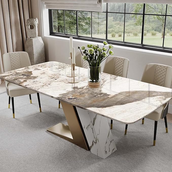 POVISON 63" Modern Luxury Gold Rectangular Dining Table for 4, Glossy Sintered Stone Tabletop, White and Gold Z-Shaped Stainless Steel Base (Dining Table Only)