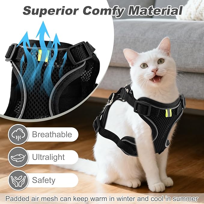 Kitten Cat Harness and Leash Set, Escape Proof Soft 4-Adjustable Cat Walking Vest Harness, Reflective Strips in Harness for Kitty Puppy Bunny Car Travel, with Car Seatbelt Leash (Black, S)