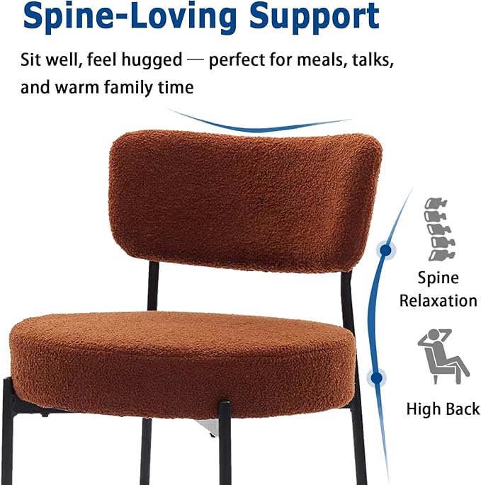 Brown Boucle Dining Chairs Set of 4, Upholstered Dinner Chair with Metal Frame, Dining Room Chairs with Padded Seat, Round Modern Seating for Living Room