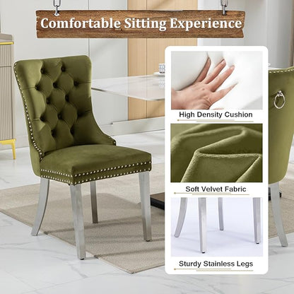 Goujxcy Glass Dining Table Set for 4, Modern Kitchen Table and Chairs Set of 4, 5-Piece Kitchen Dining Room Table Set w/61 Glass Silver Dining Table and 4 Green Velvet Upholstered Chairs