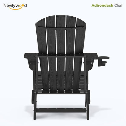 nevilywood Folding Adirondack Chair - Extended Ergonomic Backrest, Cup Holder - Easy Assembly - Durable HDPE Plastic, Weather Resistant & Maintenance-Free - Lawn, Patio, Deck Supports 380lbs Black
