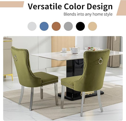 Luxury Upholstered Dining Chairs Set of 4, Olive Green Kitchen Chair with Silver Metal Legs, Velvet Tufted Back Dining Chair, Sillas de Comedor, Modern Kitchen & Dining Room Chairs (Olive, 4 Pcs)