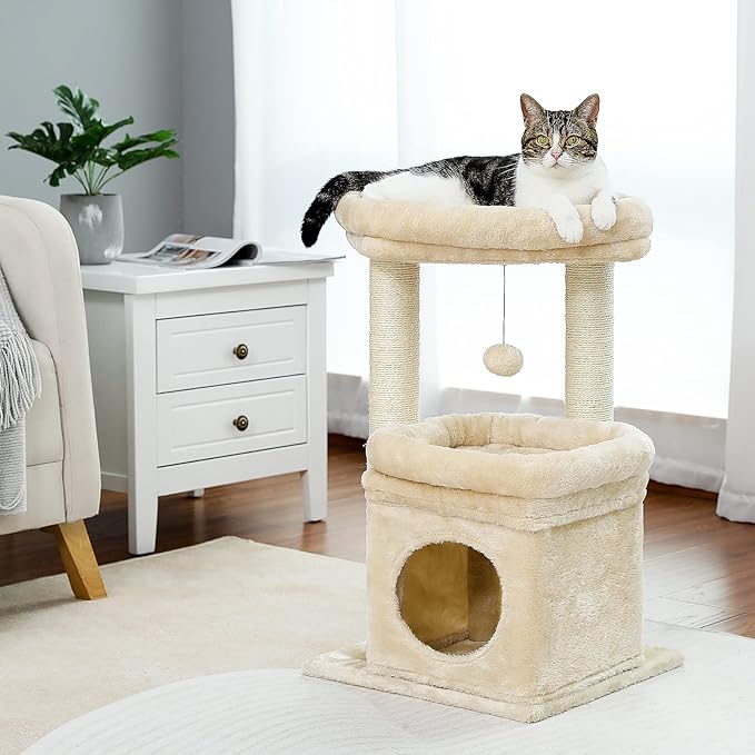 PEQULTI Cat Tree Cat Tower for Indoor Cats with Private Cozy Cat Condo, Natural Sisal Scratching Posts and Plush Pom-pom for Small Cats,Beige