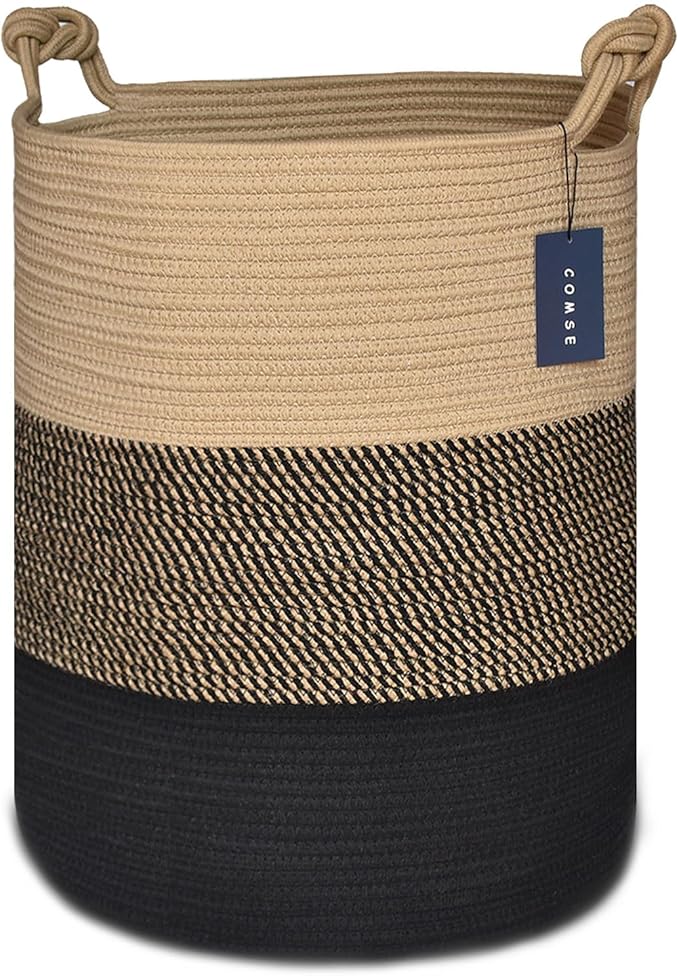 COMSE Extra Large Blanket Basket, Tall Woven Storage Basket, Nursery Hamper, 15.7”x 21.7”, Cotton Rope Laundry Hamper for Toys Clothes Towels, Brown/Black
