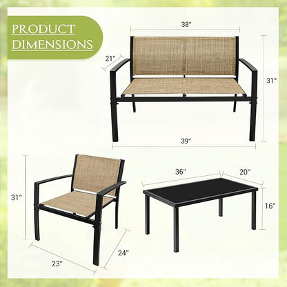 Greesum 4 Pieces Outdoor Furniture Set All Weather Patio Conversation Set with Porch Loveseat, Garden Bistro Chairs with Glass Coffee Table for Garden Backyard Poolside Textile Modern, Yellow