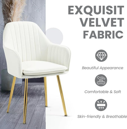 ECOTOUGE Matte Velvet Dining Chairs Set of 4, Modern Arm Chair with Golden Metal Legs, Living Room Accent Chairs for Kitchen, Beige