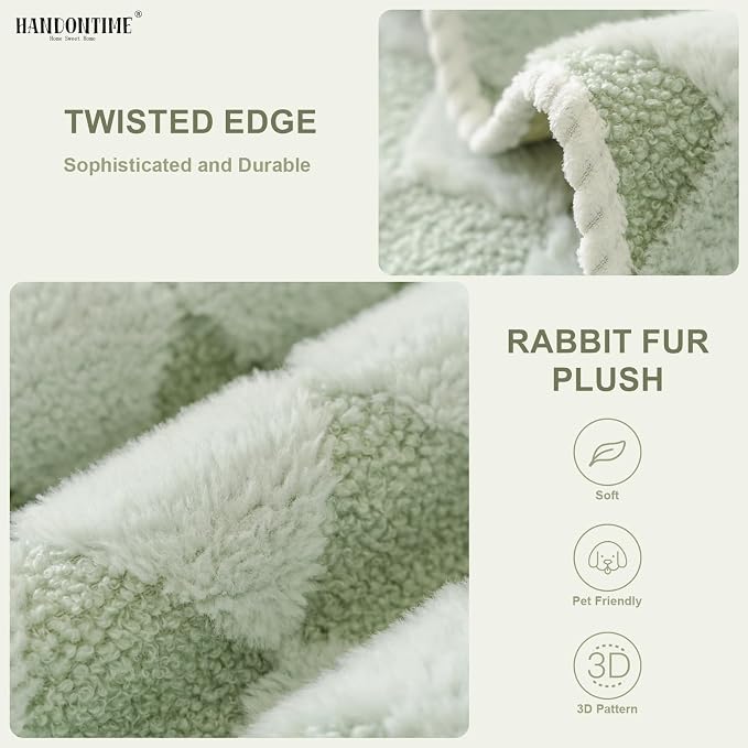 HANDONTIME Non-Slip Pet Couch Cover Washable, Plush Faux Fur Couch Protector for Cushion Pet-Friendly Sofa Covers for Dogs, Checkered Diamond Sectional Covers Dog Mat for Sofa (Green, 35.6" x 35.6")