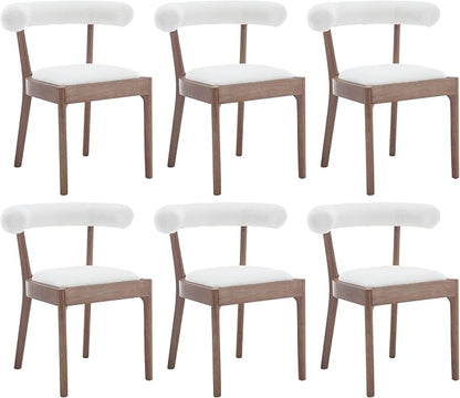 Kmax Dining Room Chairs Mid-Century Modern Sherpa Kitchen Chairs with Natural Walnut Finished Frame, Fur Curved Back, Set of 6, White