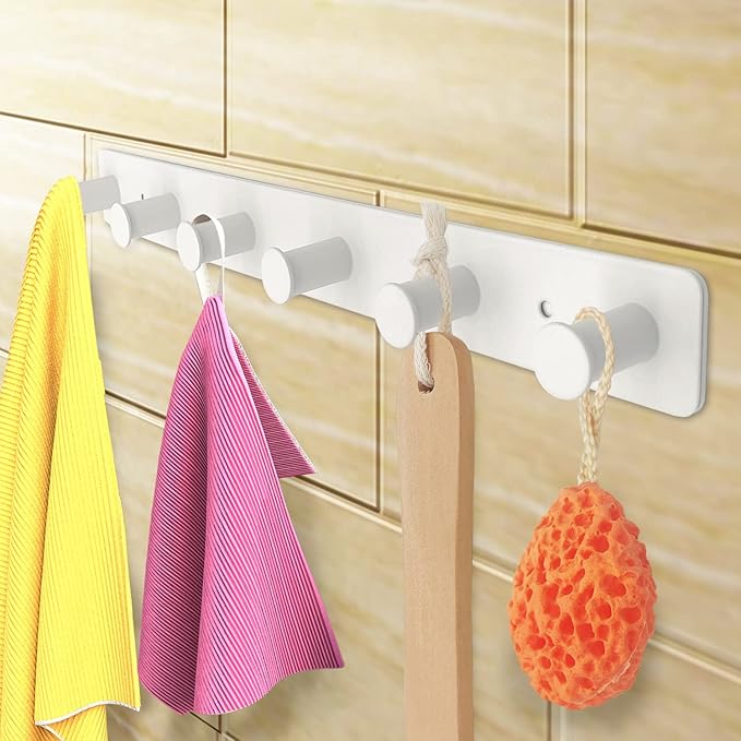 Coat Rack Wall Mounted, White Coat Hooks Adhesive & Screw in, Stainless Steel Door Hooks for Hanging Hat Towels Clothes, Hook Rail with 6 Round Hangers