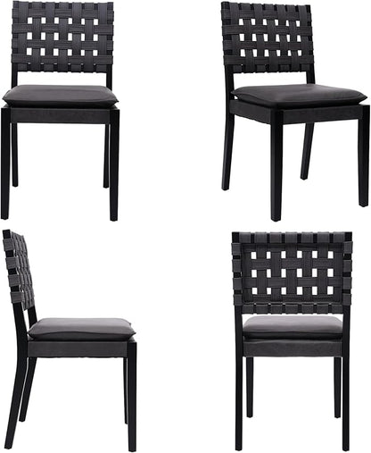 Woven Faux Leather Dining Chairs Set of 6, Farmhouse Upholstered Kitchen Chairs with Wooden Legs Armless Accent Side Chairs for Dining Room/Restaurant, Black