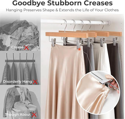 HOUSE DAY Premium Wooden Pants Hangers 15 Pack, Solid Lotus Wood Skirt Hangers with 2-Adjustable Clips, Heavy Duty & Anti Slip Wood Bottom Hanger for Slacks, Jeans, Trousers, Shorts (Natural)