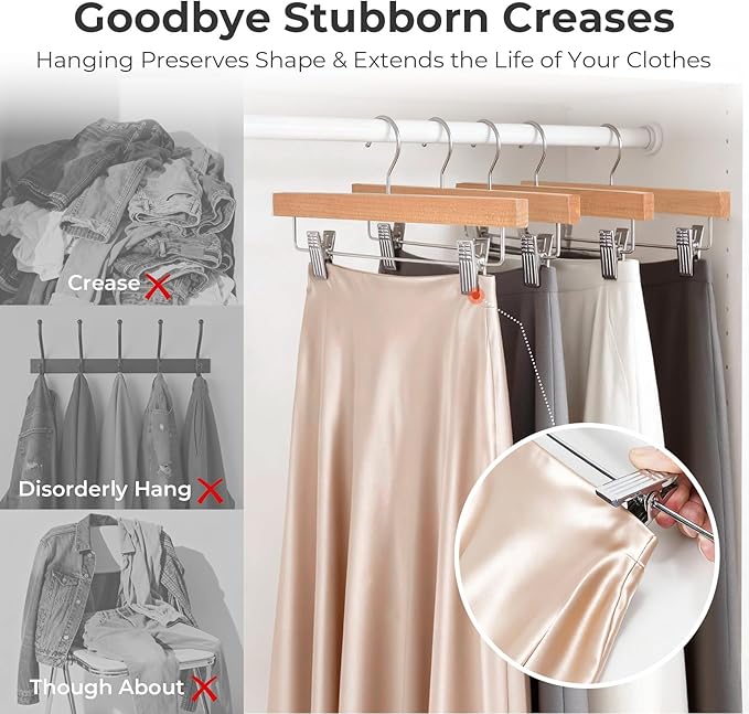 HOUSE DAY Premium Wooden Pants Hangers 50 Pack, Solid Lotus Wood Skirt Hangers with 2-Adjustable Clips, Heavy Duty & Anti Slip Wood Bottom Hanger for Slacks, Jeans, Trousers, Shorts (Natural)