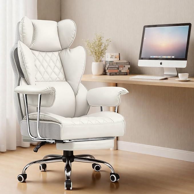 COMHOMA Big and Tall Office Chair, High Back Leather Gaming Chair with Footrest, Executive Ergonomic Office Chairs with Pocket Spring Lumbar Support and with Outward Fixed Soft Armrests