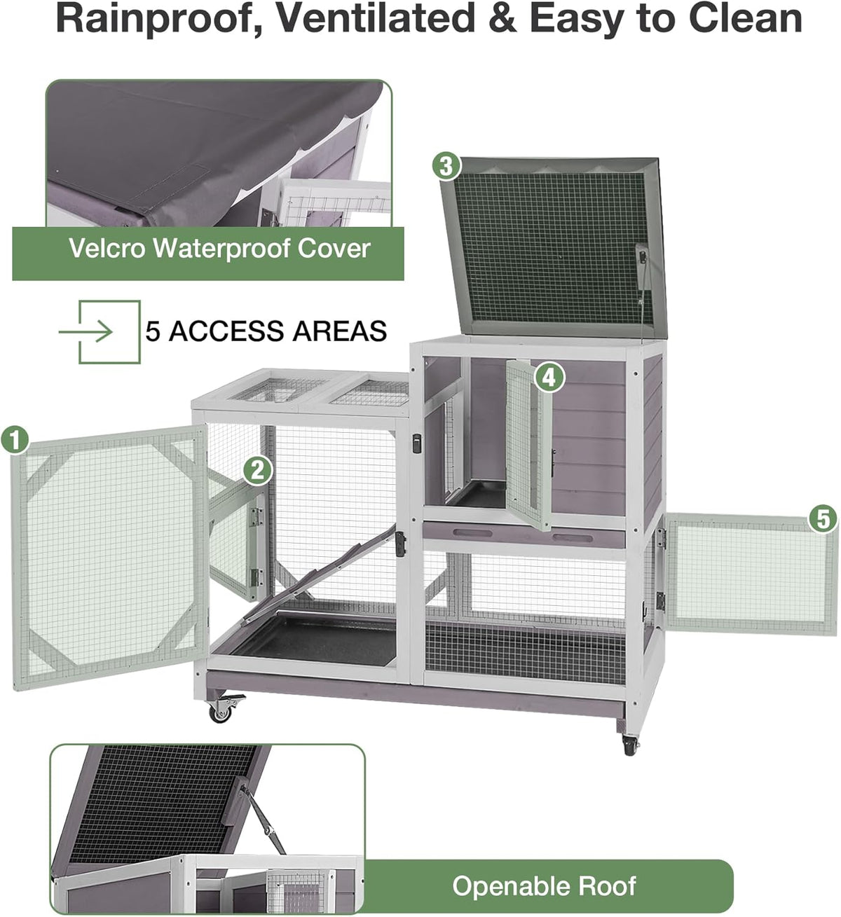 Rabbit Hutch 2-Story Wooden Bunny Cage with 2 Leak-Proof Sliding Trays, Chew-Proof Metal Mesh, Rainproof Cover, Indoor & Outdoor Guinea Pig House with Wheels - Grey
