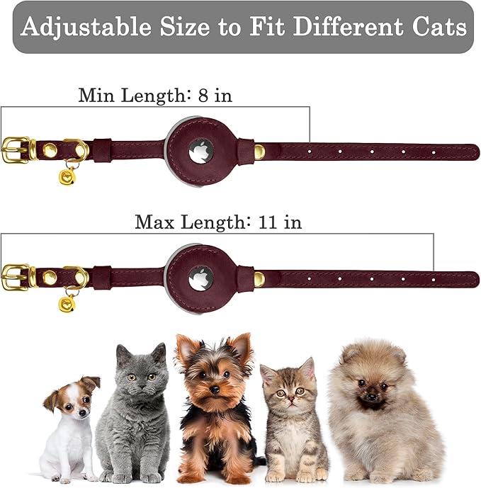 OOPSDOGGY Reflective Leather AirTag Cat Collar with Bell - Non Breakaway Adjustable Pet Collar with Apple Air Tag Holder - Lightweight GPS Kitten Collars for Small Dogs Puppy (Burgundy)