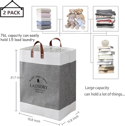 COMFY HOMI 2Pack 76L Laundry Basket & Hamper, Large Collapsible Waterproof Clothes Baskets with Handles, Freestanding Laundry Hampers for Bedroom Bathroom Dorm - 15.8x11.8x21.7 Inch - White/Grey