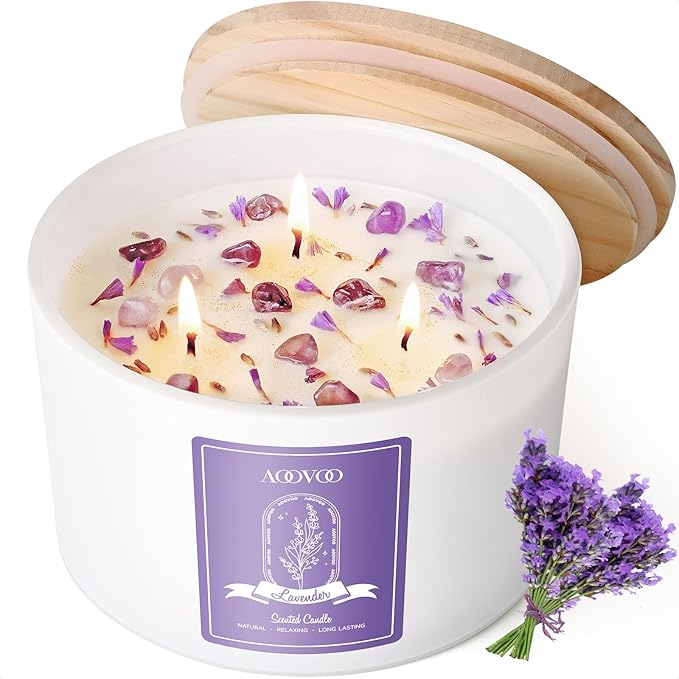 AOOVOO Lavender Scented Candles for Women - 20oz 3 Wick Soy Candles for Home Scented, Aromatherapy Candle with Crystals Inside, Birthday Gifts Christmas Candle for Women Mom