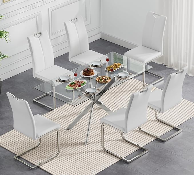 Modern Glass Dining Table Set for 6, Silver Glass Kitchen Table and Chairs Set of 6, 7 Piece Dining Room Table Set with 61" Rectangular Metal Glass Dinner Table and 6 White Leather Dining Chairs