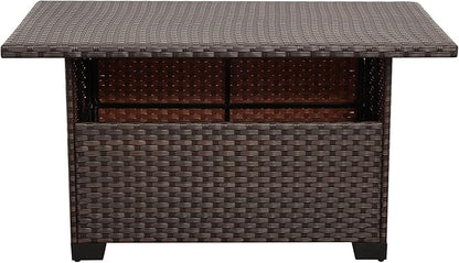 46 Inches Outdoor Coffee Table with Storage Wicker Patio Table Outdoor Dining Table with Glass Tabletop, Brown