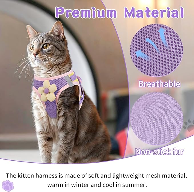 Cat Harness and Leash Set for Walking Escape Proof, Adjustable Kitten Harness Breathable Mesh with Reflective Strips Harness with Flower for Kitty Puppy Bunny Purple S