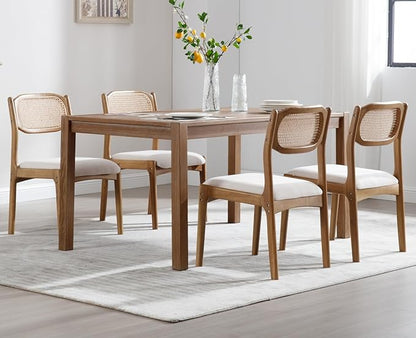 EALSON Mid Century Modern Rattan Dining Chairs Set of 4 Upholstered Linen Dining Room Chairs with Cane Back Farmhouse Kitchen Chairs Comfy Side Chair with Hardwood Frame,Beige