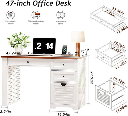 47" Home Office Desks, Executive Desk, Farmhouse Computer Desk with Drawers and Charging Station, File Drawer, Storage Cabinet, Rustic Computer Writing Desk,Antique White
