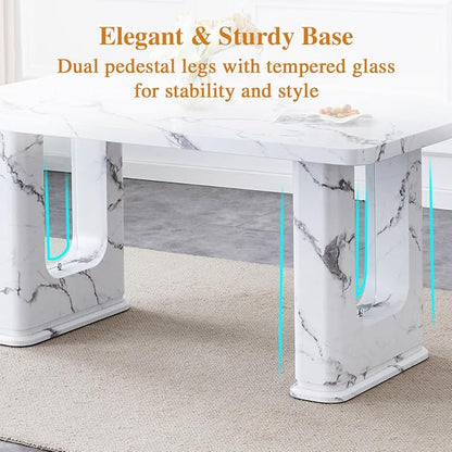 Dining Room Table for 6 - White Faux Marble Dining Table with 1.7-Inch Thick Seamless Tabletop and Dual Pedestal Base,64.5'' Mid Century Modern Dining Table Ideal for Kitchen,Home Office