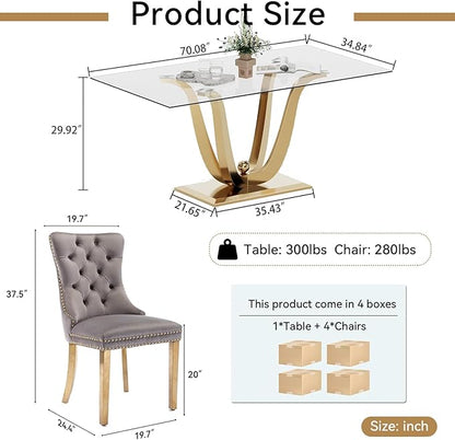 70" Modern Gold Glass Dining Table Set for 4, 5-Piece Rectangle Kitchen Dining Room Table Set with Steel Base & 4 Grey Velvet Upholstered Chairs, Modern Glass Kitchen Table and Chairs Set of 4