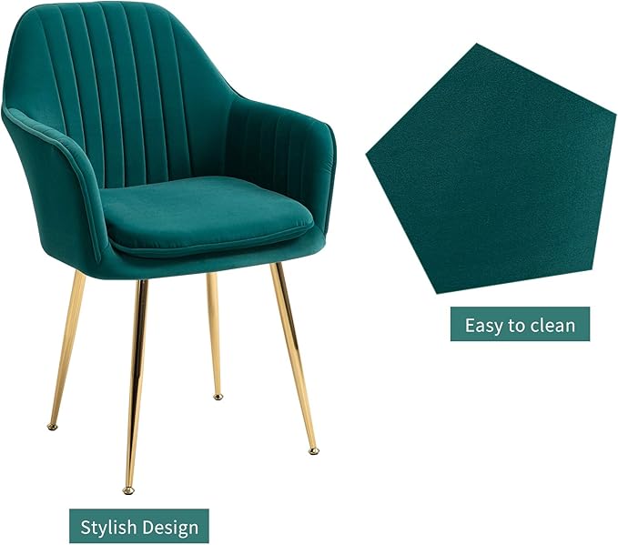 ECOTOUGE Matte Velvet Dining Chairs Set of 2, Modern Arm Chair with Golden Metal Legs, Living Room Accent Chairs for Kitchen, Emerald Green