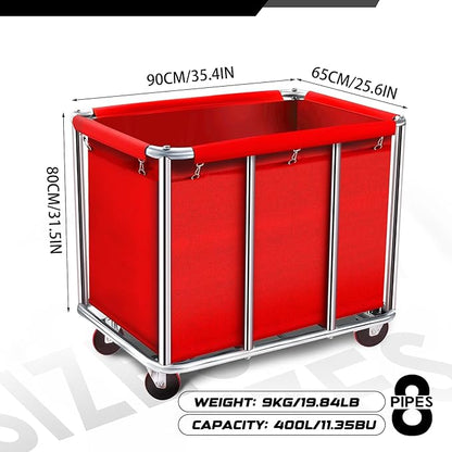 Commercial Laundry Cart with Wheels, 11.35 Bushel Large Rolling Laundry Hamper with Removable Waterproof Canvas Lining Basket, Heavy Duty Stainless Steel Rolling Hampers for Hotels & Hospital