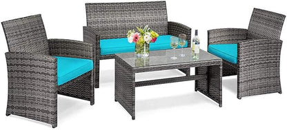Tangkula 4 PCS Wicker Patio Conversation Set, Outdoor Rattan Sofas with Table Set, Patio Furniture Set with Soft Cushions & Tempered Glass Coffee Table for Poolside Balcony