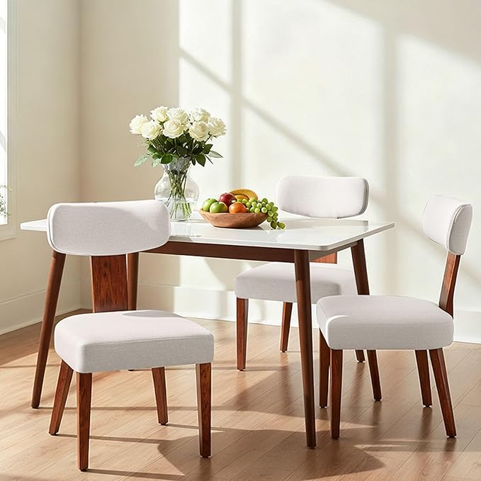 Dining Chairs Set of 3, Mid-Century Modern Upholstered Kitchen Chairs with Curved Backrest and Linen Fabric Seat, Wood Leg Accent Chairs for Dining Room, Living Room, Bedroom, Linen Beige