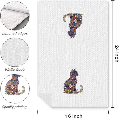 Flower Cat Kitchen Towel, Floral Cat Hand Towel for Bathroom Decor, Kitten Dish Tea Towel for Kitchen Decor, Pet Gifts for Kitten Lovers Women Girls, 16x24 Inches