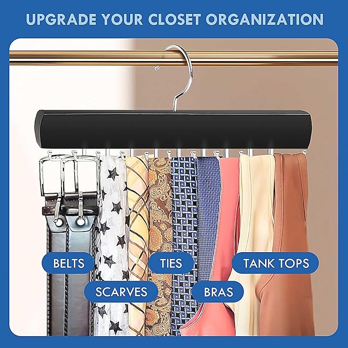 Tie Rack Hanger for Closet, Sleek Tie Hangers for Men with 18 Upgraded Folding Hooks, Space-Saving Tie Holder Neck Tie Organizer for Men Ties, Belts, Bras, Scarves, Tank Tops (Black)