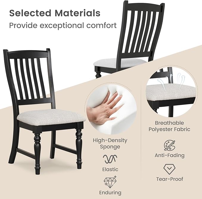 Giantex Wood Dining Chairs Set of 4, Farmhouse Black Kitchen Chairs with Solid Wood Frame, Max Load 355 Lbs, Armless Upholstered Dining Side Chairs with Cushion Seat, Slat Back Dining Room Chair