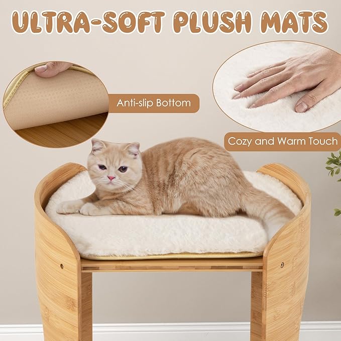 Tangkula Elevated Cat Bed for Indoor Cats, 2-Tier Cute Small Cat Tree Tower with Natural Bamboo Frame, Removable & Washable Soft Plush Mats, Cat Holes, Farmhouse Pet Furniture