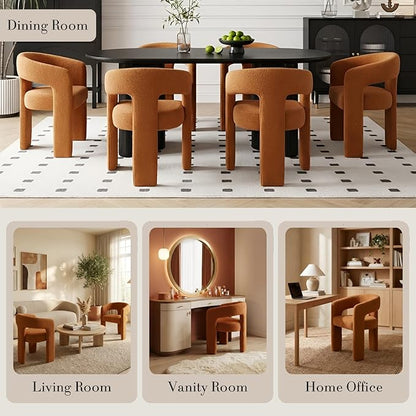 Modern Sherpa Barrel Dining Chair Upholstered Faux Fur Dining Room Chair with Arm Comfy Accent Side Chair for Kitchen/Living Room/Reception, Terra Cotta, 1 PC