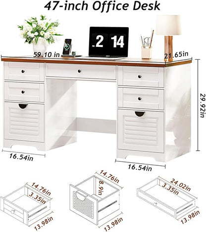 59" Home Office Desks, Executive Desk, Farmhouse Computer Desk with 7 Drawers and Charging Station, File Drawer, Rustic Computer Writing Desk,Antique Cream