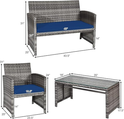 Tangkula 4 PCS Wicker Patio Conversation Set, Outdoor Rattan Sofas with Table Set, Patio Furniture Set with Soft Cushions & Tempered Glass Coffee Table for Poolside Balcony