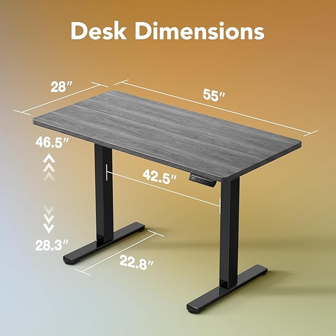HUANUO 55" x 28" Electric Standing Desk Adjustable Height, 4 Memory Height Settings, Headphone Hook, Cable Manager, Sit Stand Up Desk for Home Office & Computer Workstation, Grey
