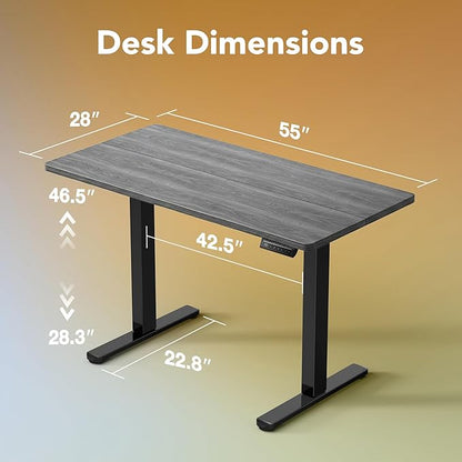 HUANUO 55" x 28" Electric Standing Desk Adjustable Height, 4 Memory Height Settings, Headphone Hook, Cable Manager, Sit Stand Up Desk for Home Office & Computer Workstation, Grey