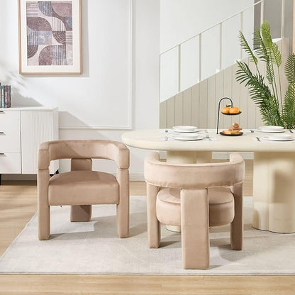 Khaki Dining Chairs Set of 3, Upholstered Velvet Barrel Chairs with Arms Comfy Side Chairs for Living Room/Dining Room/Reception