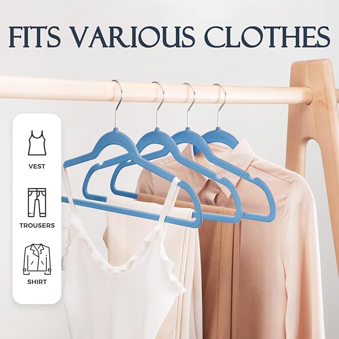 HOUSE DAY Tranquil Blue Velvet Hangers 60 Pack, Non Slip Clothes Felt Hanger Heavy Duty for Coat, Premium Slim Space Saving Suit Hangers for Closet Organizer, 360° Rotating Silver Hook