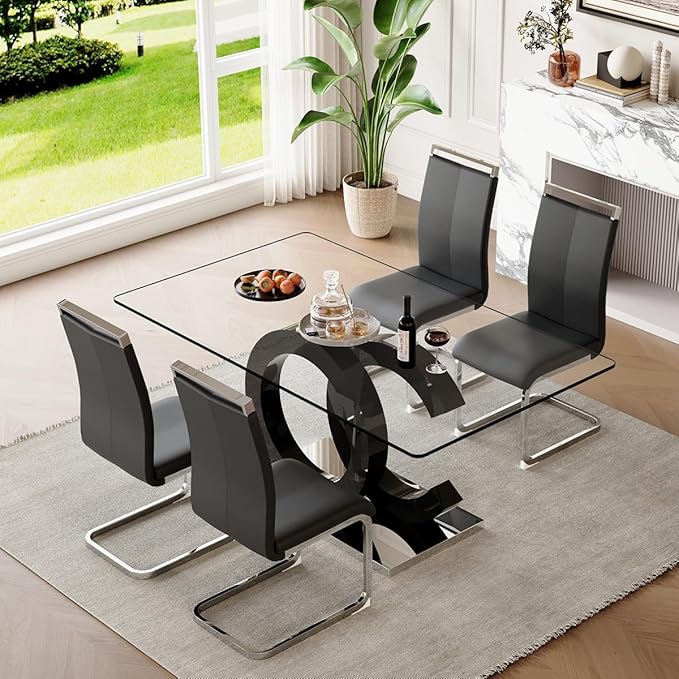 63'' Glass Dining Table Set for 4, Kitchen Table Chairs Set of 4, Clear Glass Dining Table with Black unique design Leg and Silver Metal Base, 4 PU Dining Chairs with Metal Legs, Living Room, Kitchen.